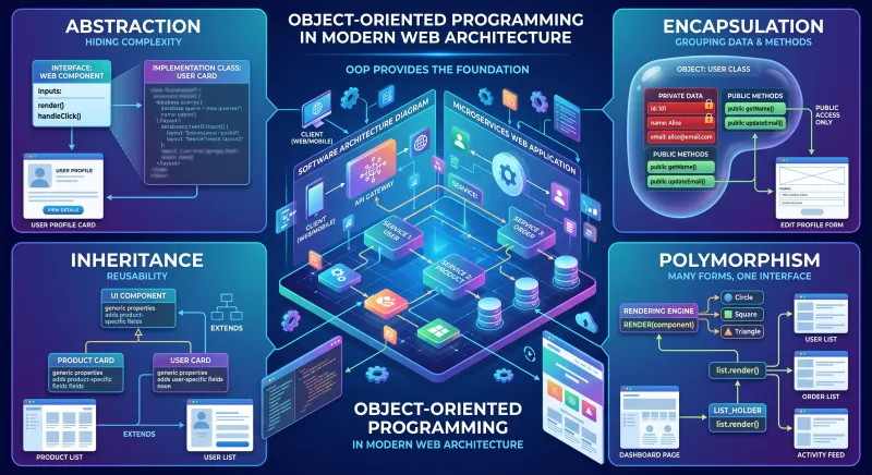 Web tasarım elementleri ve yazılım mimarisi diyagramlarını içeren modern nesne yönelimli programlama konsepti illüstrasyonu